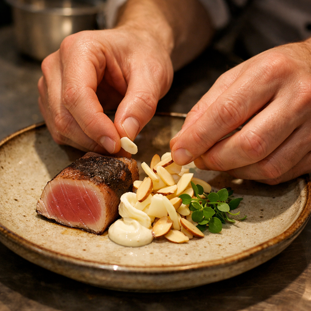 A dish being plated in the kitchen
